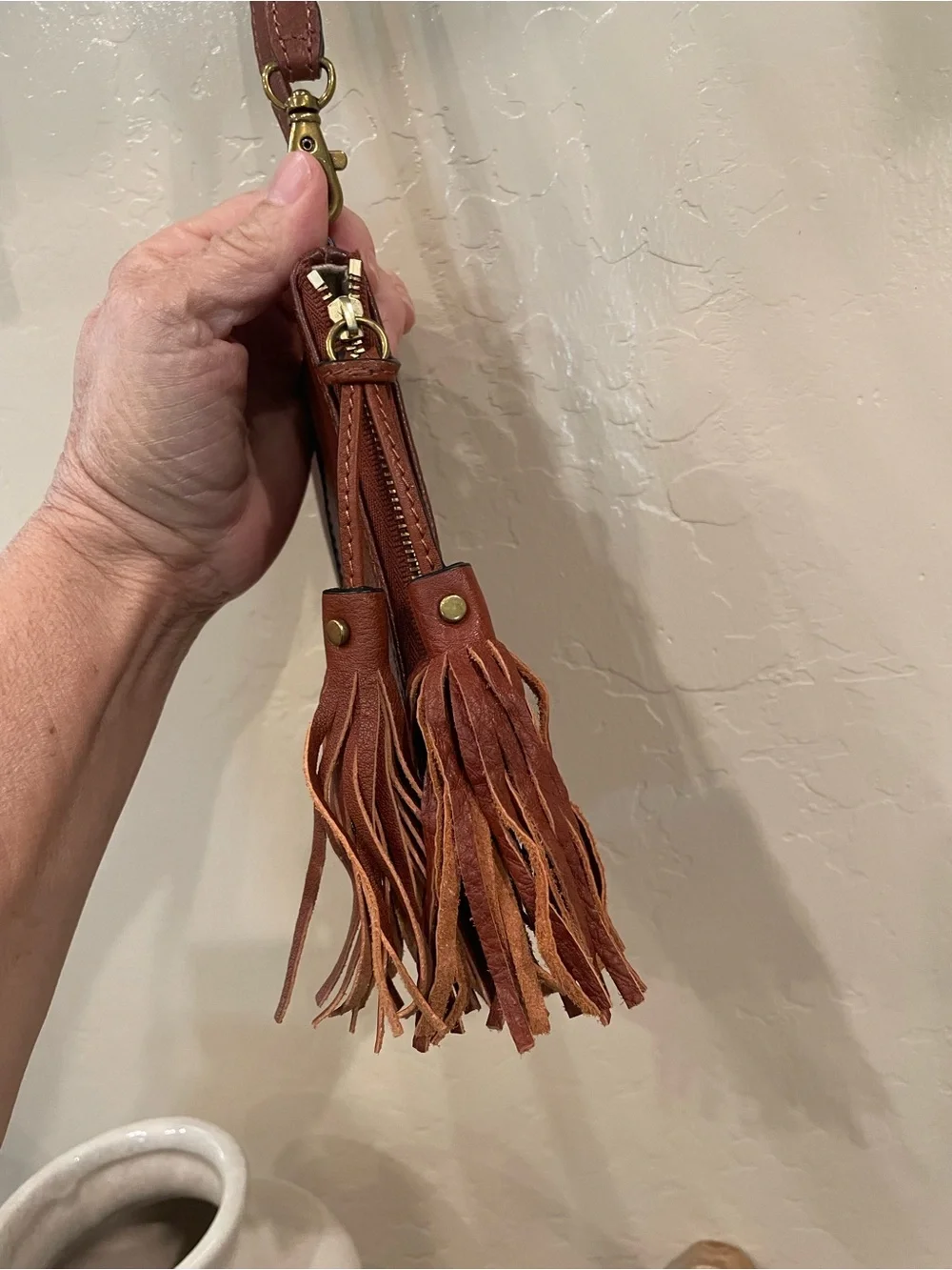 Frye Brown Leather Wristlet with Tassel